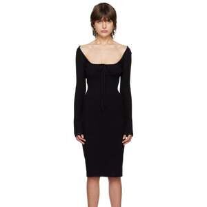 Guizio Black Ribbed Knit Midi Dress with Back Tie Details